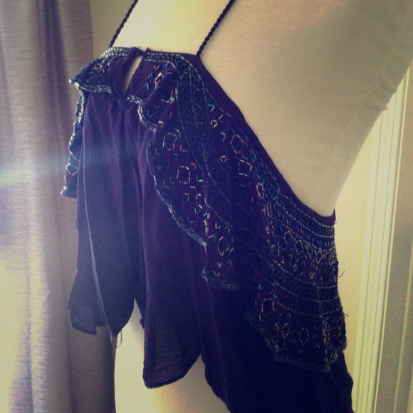 Boho FREE PEOPLE purple beaded high-low top