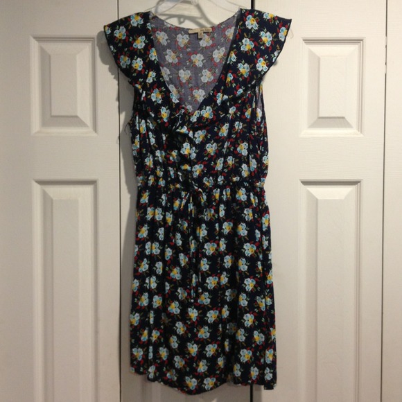 Navy floral dress with ruffles and ties in front - Picture 1 of 4