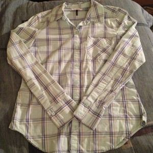 Mint green,tan,white, and blue plaid shirt