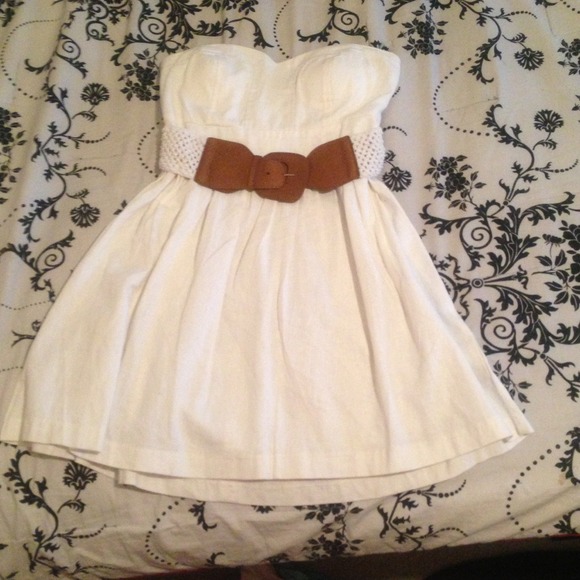 Strapless white dress.