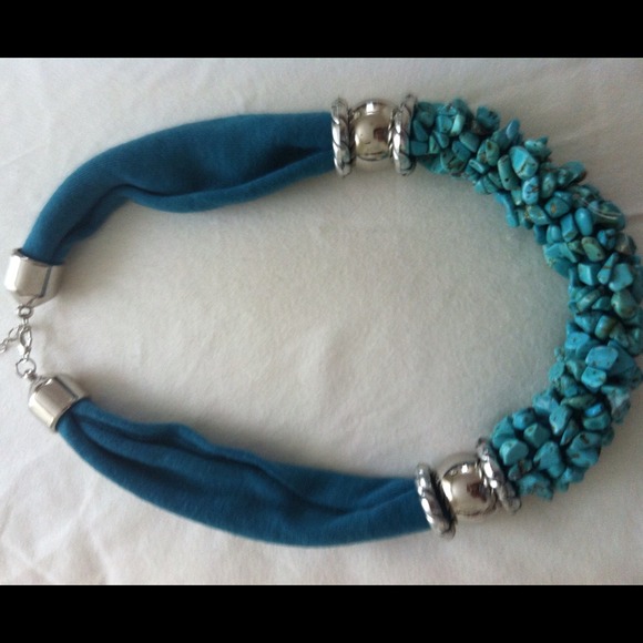 Turquoise stone bits and blue cloth necklace🐬 - Picture 2 of 2