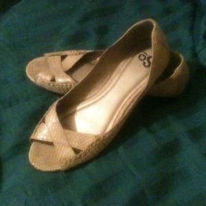Tan peep toe flats