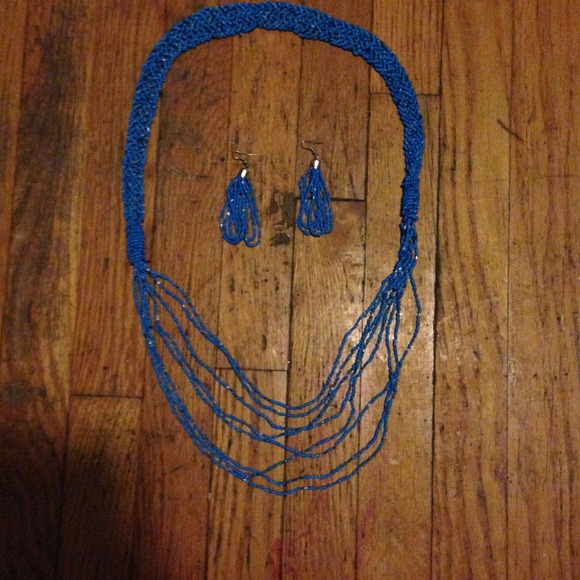 Cobalt blue beaded necklace and matching earrings