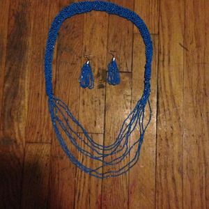 Cobalt blue beaded necklace and matching earrings