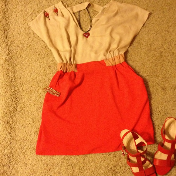 Fashion Bundle-Tan/coral dress, sandals, sweater