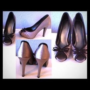 Grey satin (with black piping) peep toe heels