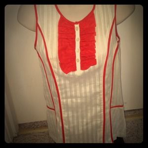 Awesome white and red ruffled tuxedo blouse