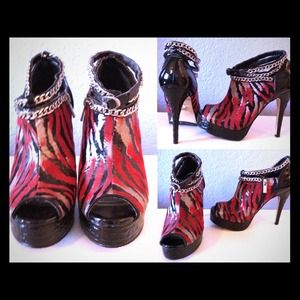 Red, black, zebra print, platform, peep toe heels.