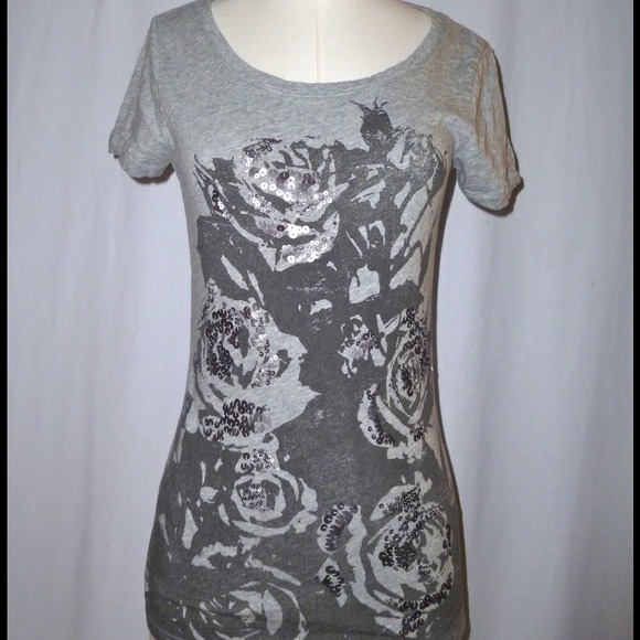 Grey Shirt Sequined Flower Design 100% Cotton