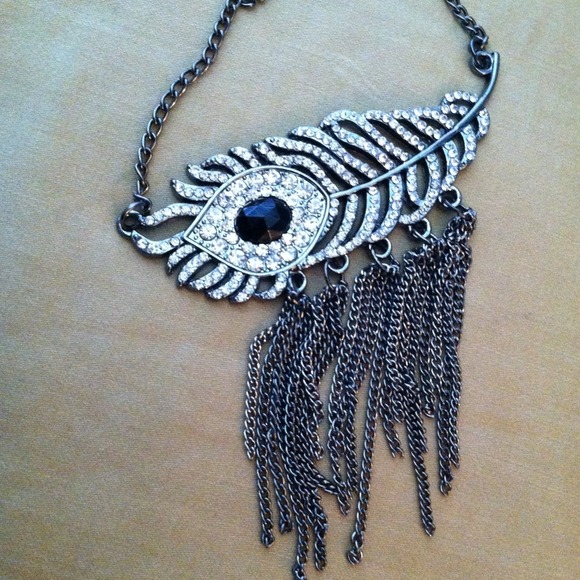 Silver, diamond studded feather necklace