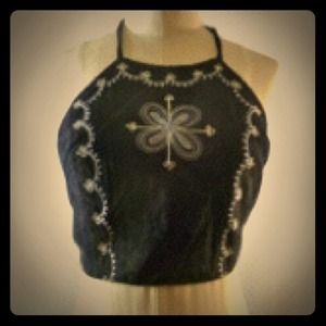 Blue Suede Embroidered Triangle Halter Top
