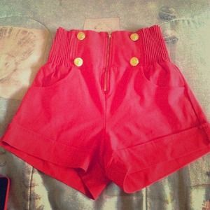 Red High Waist zip up shorts
