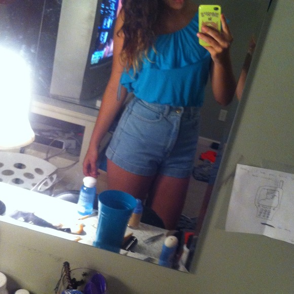 blue one shoulder ruffle top