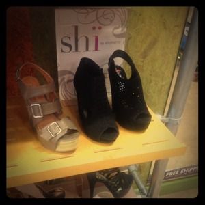 Tan buckle wedges & black velvet wedges