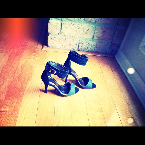 Shoes - SOLD Faux Black Croc Embossed Leather Cuff Heels