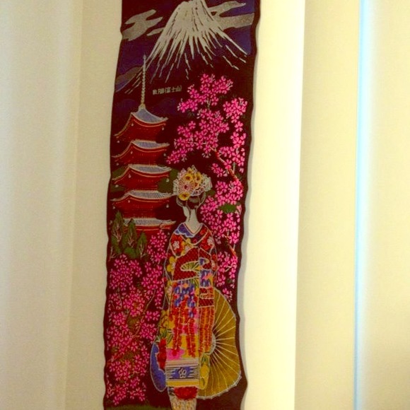 Beautiful geisha and cherry blossom hanging scroll