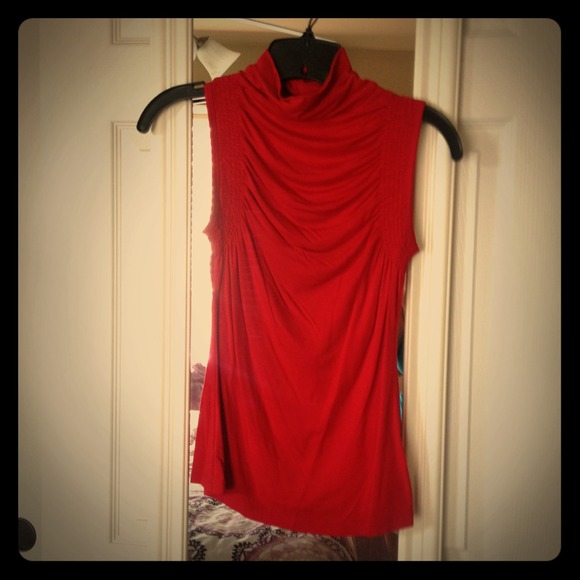 Red mock neck sleeveless top