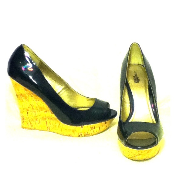 Black gloss wedged heels