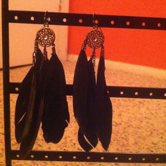dream catcher long black feather earrings