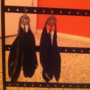 dream catcher long black feather earrings