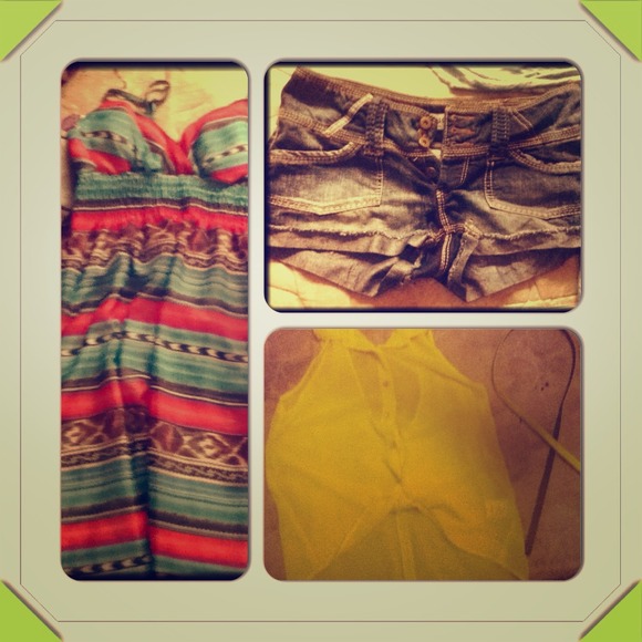A long dress with a hi lo top with denim shorts