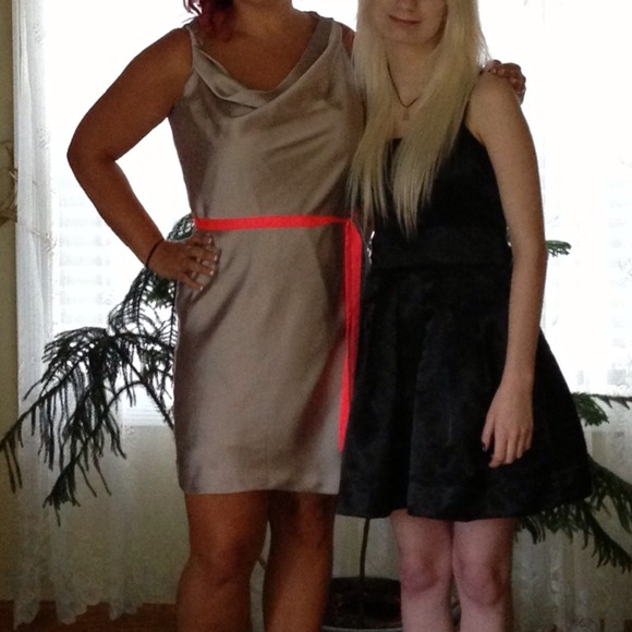 Silver satin H&M dress with neon belt