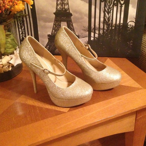 Gold and silver MaryJane platform heels