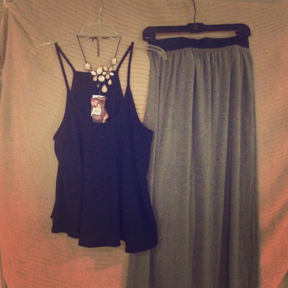 Black midi top and grey maxi skirt & pink necklace