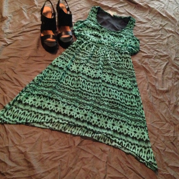 Teal and black tribal print dress
