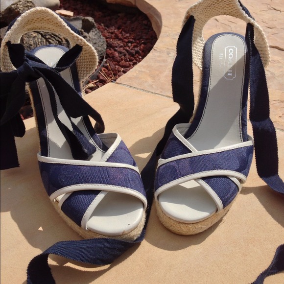 Ribboned Coach navy blue  wedges.