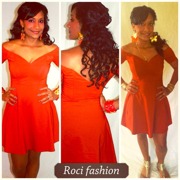Rust red off shoulder dress