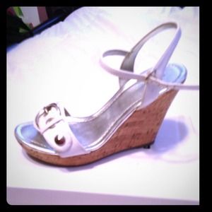White patent leather sandal wedges