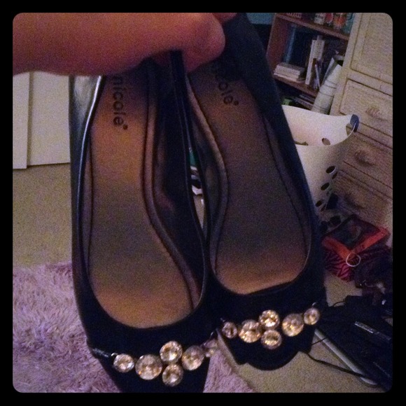 Black open toed jeweled flats