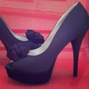 Black Satin Peep Toe Pumps