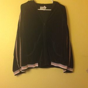 Velour hooded zip up sweater with pink stripes