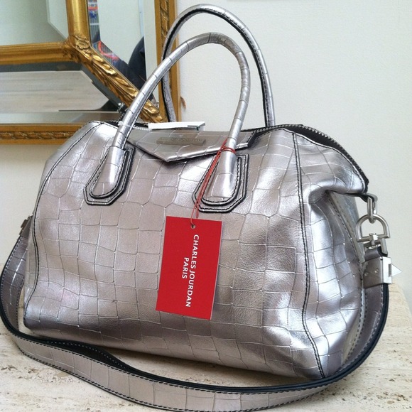 Handbags - Crocodile silver bag/ lace trim shirt/ silver top