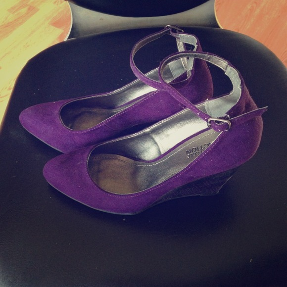 Purple, faux suede, ankle strap wedges