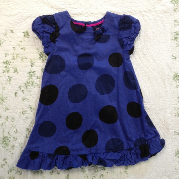 Blue toddler dress w/ blue and black polka dots.