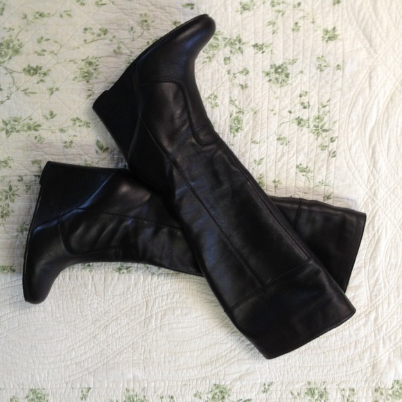 Black leather wedge boots