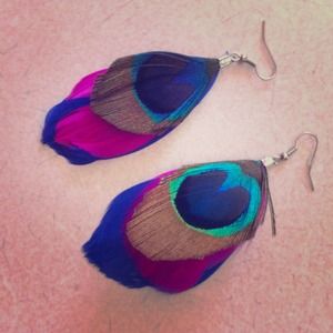 Pink and blue feather earrings