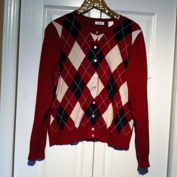 Liz & Co Sweaters - Argyle Cardigan Red, Black, White Size XL