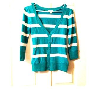 Teal and White striped cardigan.