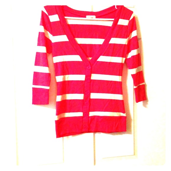 Red and Tan striped cardigan.