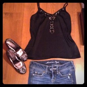 Satin-like Jeweled Tank Top-Express