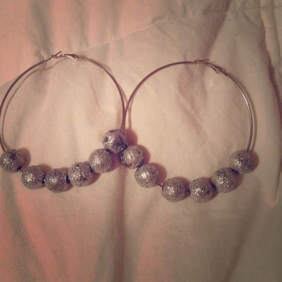 Silver Hoops with silver glitter balls - Picture 1 of 2