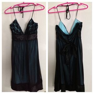 Black & Sky Blue; Sheer & Lace Halter Dress