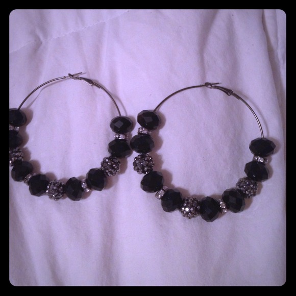 Silver hoops with black and silver beads - Picture 1 of 2