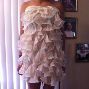 semi formal off white dress with ruffles
