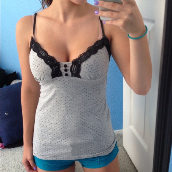 ❌SOLD❌ Grey and black polka dot tank with lace.