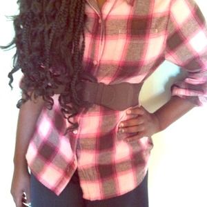 Pink and brown plaid shirt with a brown belt